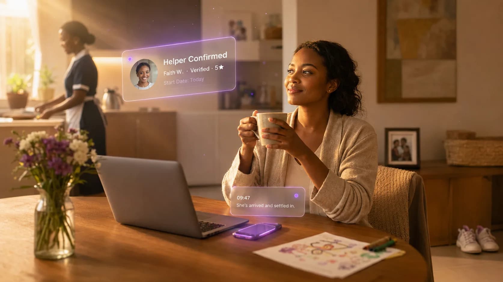 A household member relaxes with a coffee at home while her confirmed Mdadda helper settles in — 'Helper Confirmed' notification shown